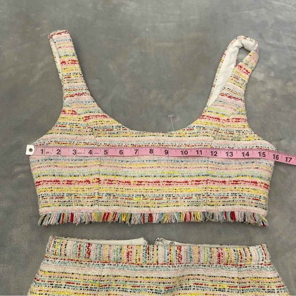 NBD Shawna Tweed Pastel Crop Top & Mini Skirt Set S | Fringe Hem 2-Piece Outfit - Picture 4 of 10